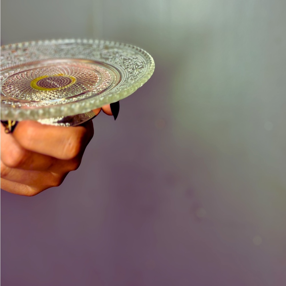 Vintage Clear Etched Glass Silver Plate Footed Candy Dish Compote Bowl Decor